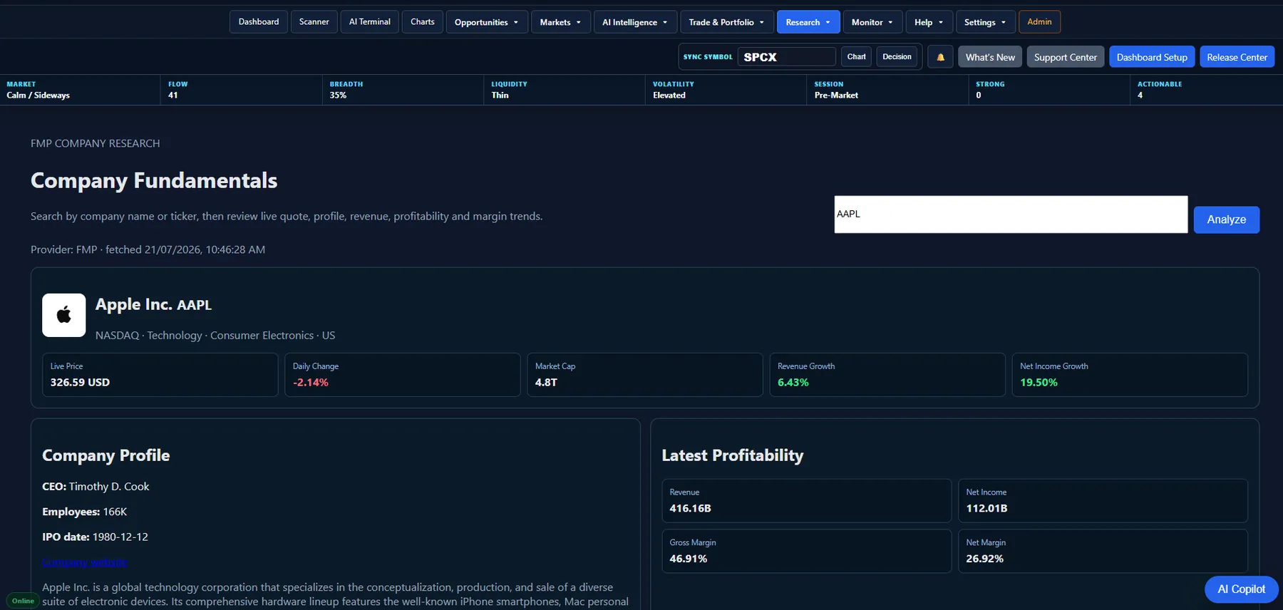 Company Fundamentals screenshot